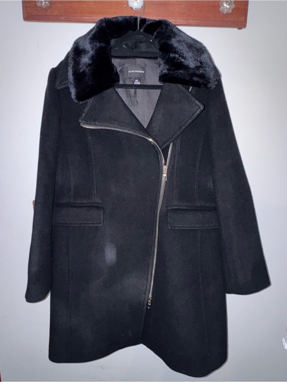 Club Monaco Black Long Coat with Velvet-Like Trim